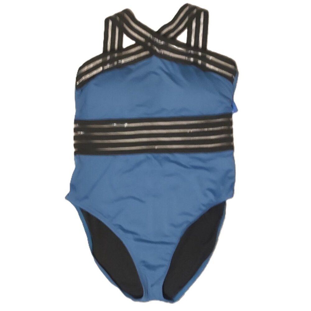 Hilor Teal with Black and Sheer Bands One-Piece Swimsuit XL/14 New with Tags NWT